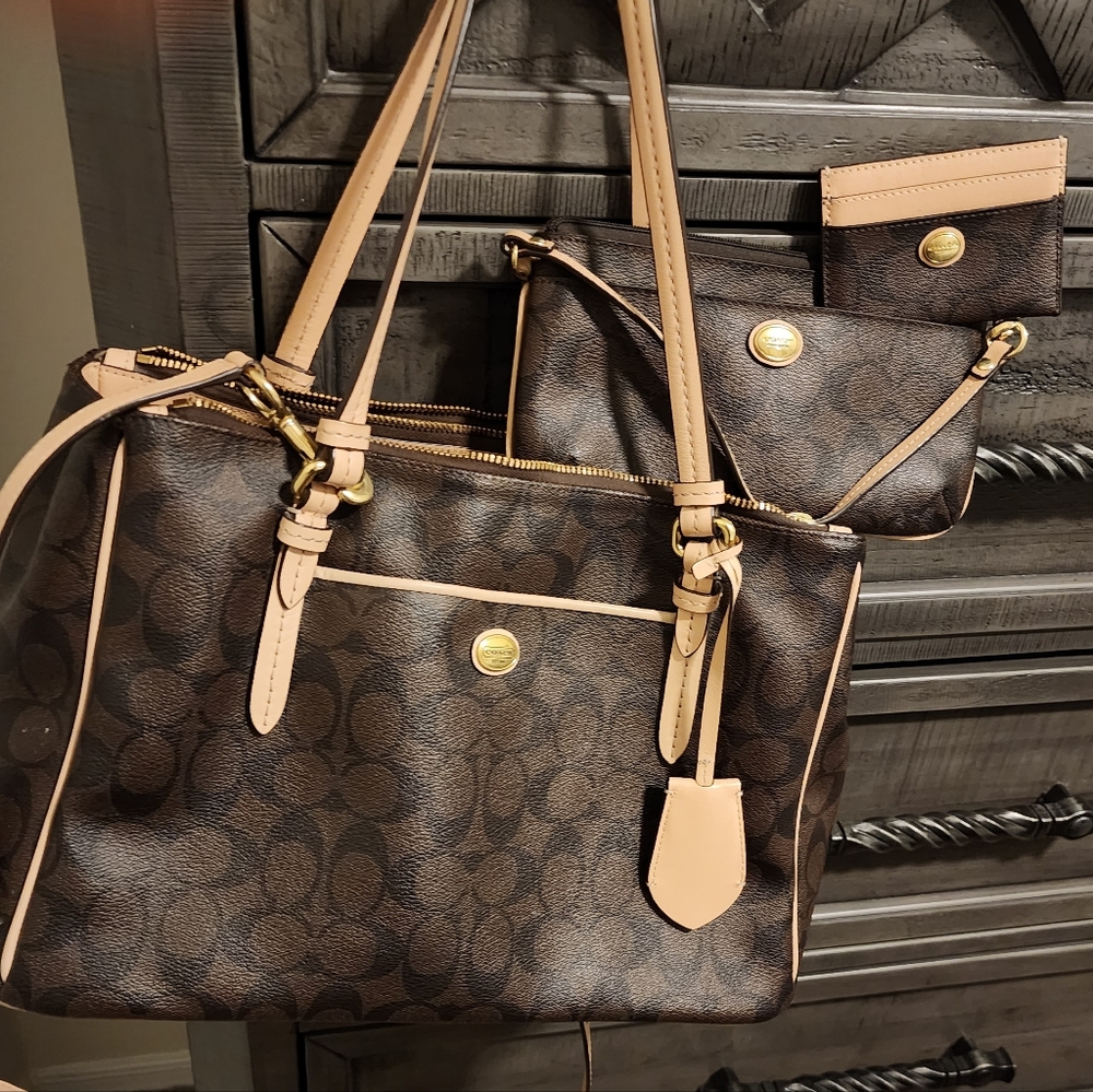 Coach Coated Signature 3 piece handbag, wristlet and mini skinny.